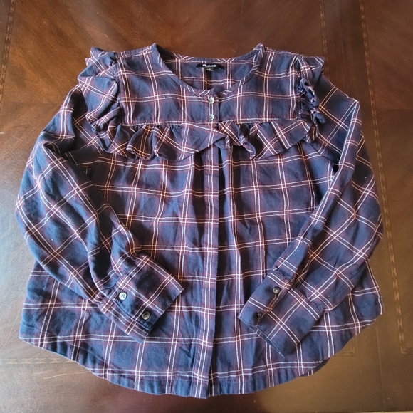 Madewell | Maroon/Navy Plaid Ruffle-Yoke Button Down W/ Easy Roll Sleeves - Picture 3 of 11